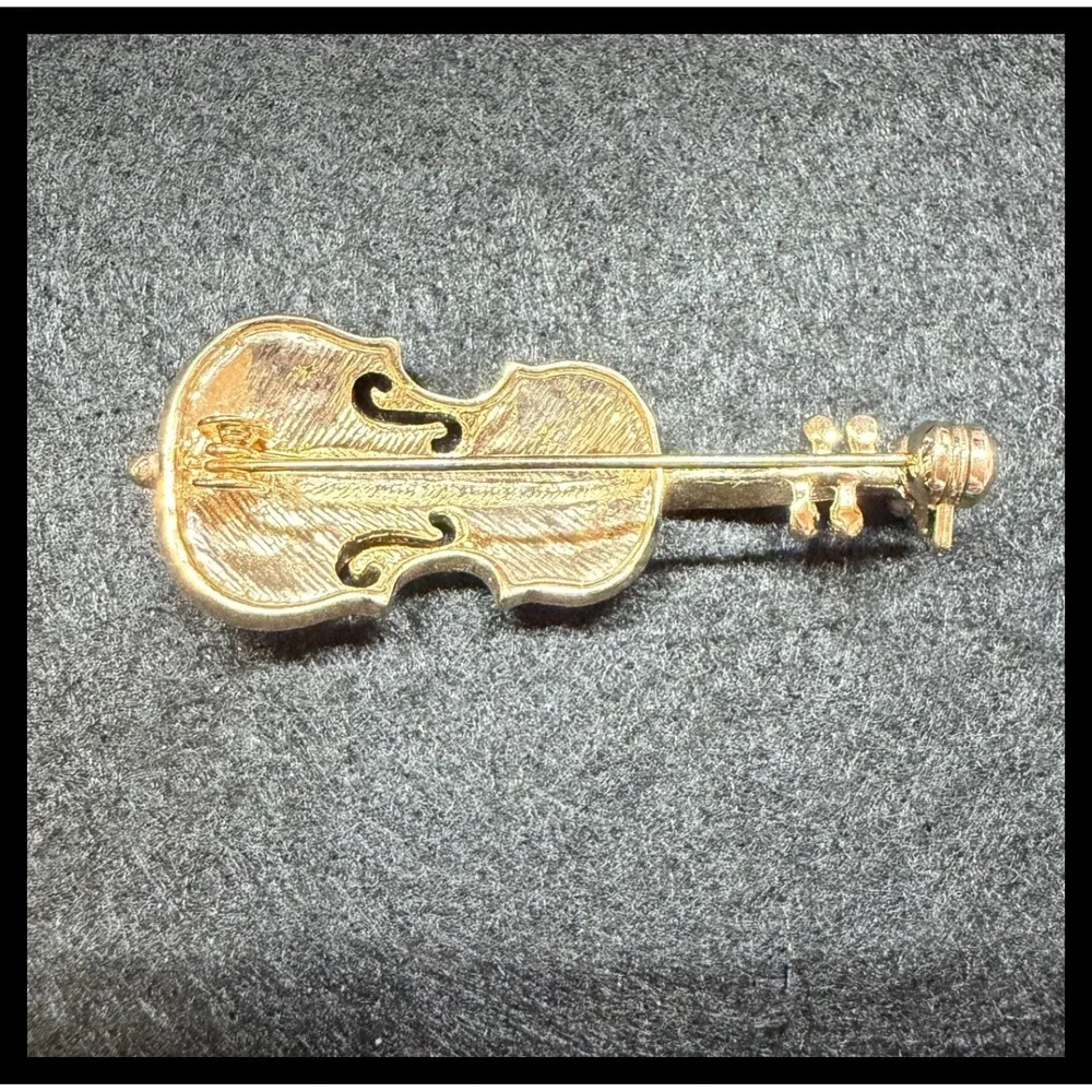 Violin Brooch Pin Small Gold Rhinestone Musical Instrument Jewelry